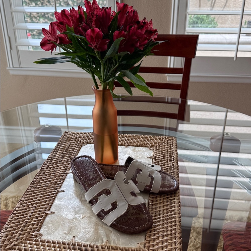 White Leather Cutout Slide Sandals on Brown Croc Insole
